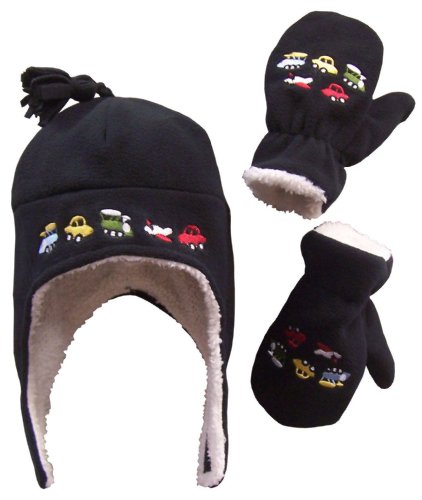 N'ice Caps Boys Sherpa Lined Micro Fleece Embroidered Hat and Mitten Set