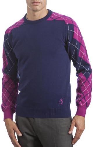 GMR Men's 100% Extra Fine Lambswool Argyle Arms Crew Neck Fitted Sweater. Made in Scotland-American Navy-Medium