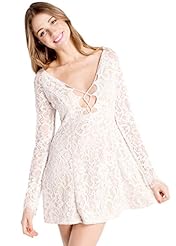 A-line V-neck Floral Print Acrylic/Cotton Lace-Up Sheer Long Sleeves Fall Plunging Neck Fit-and-Flare Party Dress 