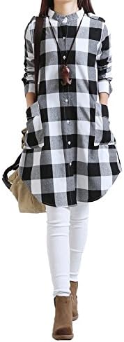 iRachel Womens Long Sleeve Plaids Shirt Dress Casual Blouse Tops