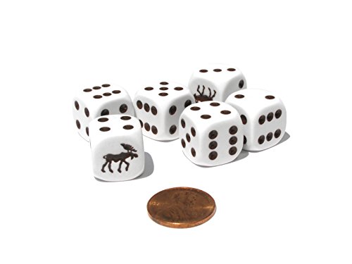 Set of 6 Moose 16mm D6 Round Edged Koplow Animal Dice - White with Brown Pips