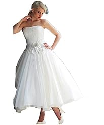 A-line Strapless Ankle Length Organza Lace-Up Wedding Dress  With a Ribbon 