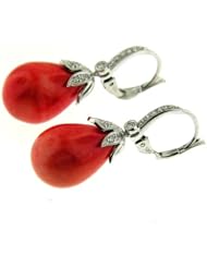 0.35 Ct White Gold Coral & Diamond Hanging Earrings 14kt