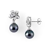 Tahitian Black Pearl Earrings with Diamond in 14K White Gold