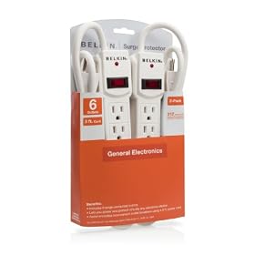 Click here to buy Belkin (F5C048-2) 6-Outlet Surge Protector 2-Pack with 2ft cord.