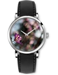 SPRAWL Aanalog Fashion Series Silver Ladies Watches of Genuine Black Leather Strap,Unique Wrist Watch for Women Girls Designed with Wilted flower