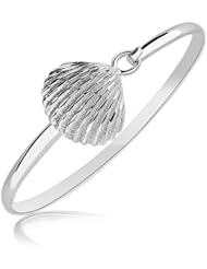 Sterling Silver Rhodium Plated Thin Bangle with a Clam Shell Accent