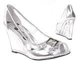 Silver Buckle Clear High Heel Wedges Size 8.5