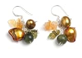 Oi! Ladies E2132 Green Agate Peridot Green Mother Of Pearl Fresh Water Pearl and Citrine Earrings
