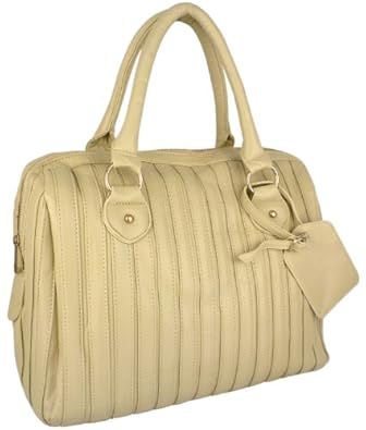 MACYN Beige Desinger Inspired Striped-look Double Handle Bowler Satchel Handbag Purse Shopper Tote Bag