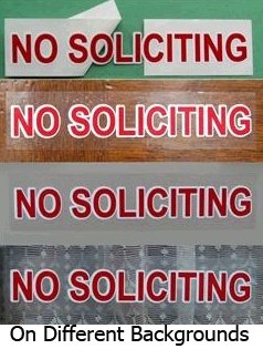 Better Designed Unique NO SOLICITING Sticker Sign to Keep Solicitors Away! Red color like a stop sign, transparent design with white shade Fits any background, self-adhesive but removable.