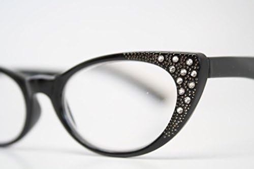 Rhinestone Cat Eye Reading Glasses Vintage Style Pointy Cat Readers (+1.50, Black)