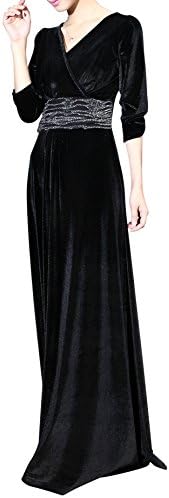 YZI Women's New Vintage V Neck Waisted Sequin Long Sleeve Long Prom Gown Black S