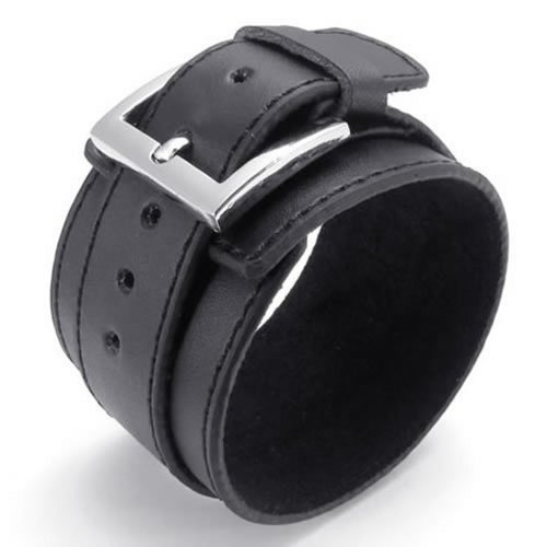 KONOV Jewelry Wide Genuine Black Leather Men's Bangle Cuff Bracelet