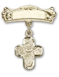 Gold Filled Baby Badge with 4-Way Charm and Arched Polished Badge Pin