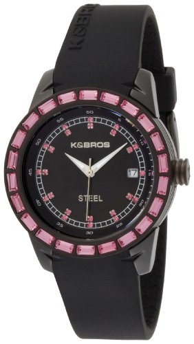 K&BROS Women's 9165-1 Steel Pink Accent and Black Silicon Band Watch
