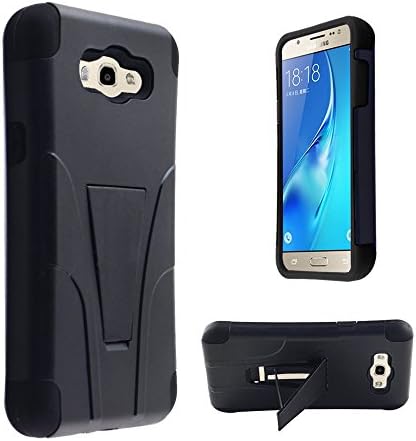 Hybrid Plastic T-Stand Dual Armor Silicone Cover Stand Case +lcd screen protector for Samsung Galaxy J7/J710 (Black/Black)