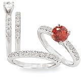 14k 5mm round Chatham cultured padparadscha gemstone bridal set with diamonds