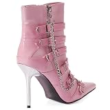 Shoes 4 Inch Ankle Boots, With Buckles And Chains (Pink;6)