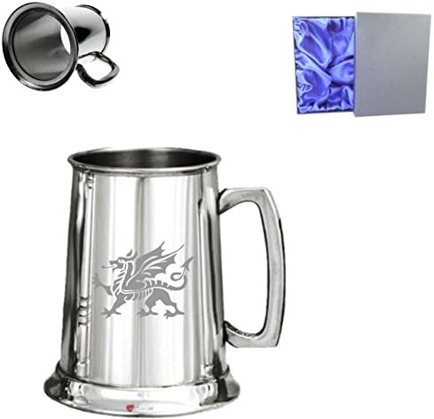 1 Pint Plain Glass Bottom Pewter Tankard With Welsh Dragon Design and Silk Lined Presentation Box