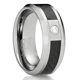 8MM Men's Tungsten Carbide Ring Wedding Band with Black Carbon Fiber Inlay and CZ simulated diamond