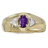 10K Yellow/White Gold 0.02 ct. Diamond and 6 x 4 MM Oval Shaped Amethyst Men's Ring