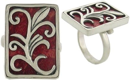 Rectangle Red Coral Adjustable Sterling Silver Ring with Leaf Motif Design (6/7)