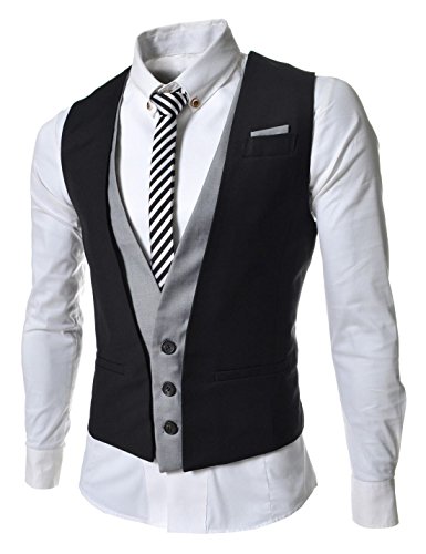 TheLees (VE35) Mens Layered Style 3 Button Slim Vest Waistcoat Black US XS(Tag size M)