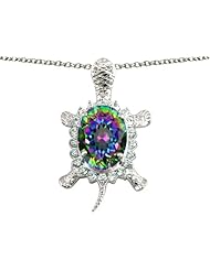 Original Star K (tm) Good Luck Turtle Pendant With Oval Rainbow Mystic Topaz in 925 Sterling Silver