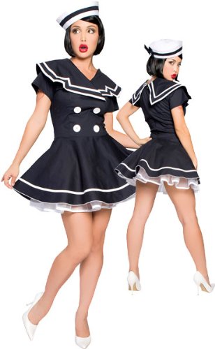 Our Deluxe Sailor Pin Up Costume features a flair dress with button detail 