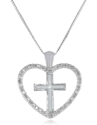 10k White Gold White Enamel Heart and Cross with Diamonds Pendant Necklace (0.07 Cttw I-J Color, I2-I3 Clarity), 18"