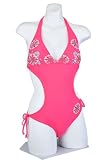 Fuschia Halter Tie Side Bottom Sequins Monokini Swimsuit with Removable Soft Pads