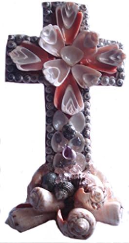 Standing Table Christian/Religious Cross 10 Inches - With Strawberry Cut Seashells, Sea Glass and Glitter Accents - Attached to a Dyed Wood Backing