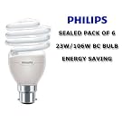 Six Pack! Philips BC Fitting Tornado Energy Saving Light Bulb; 23 Watt Power Consumption With 106 Watt Light Output - Warm White, One Sealed Pack of Six Single Bulbs