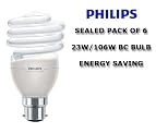 Six Pack! Philips BC Fitting Tornado Energy Saving Light Bulb; 23 Watt Power Consumption With 106 Watt Light Output - Warm White, One Sealed Pack of Six Single Bulbs