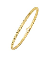 14K Yellow Gold 7.25" 3.45mm Textured Round Tube Goldenweaved Rope Like Fancy Bangle With Fancy Lobster Clasp