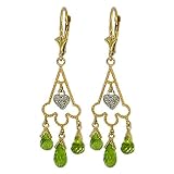 Genuine Peridots & Diamond Heart 14k Gold Chandelier Earrings