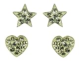 Silver Crystal Set Heart and Star Stud Earrings Set