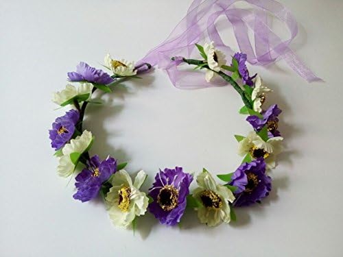 Beautiful Hawaiian Flowers Crown Circlet Headband Headwear Bicolor Wedding Bridal Flower Girl Hair Accessories with Adjustable Ribbon for Women Girls (Purple and Ivory)