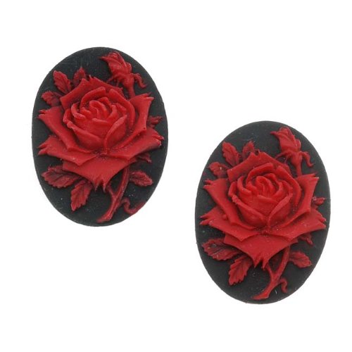 Lucite Oval Cameo Black With Red Rose 25X18mm (2)