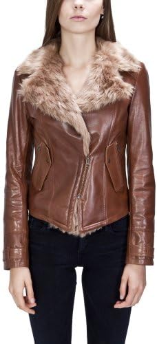 United Face Womens Fur Lined Leather Biker Jacket X-Large Brown
