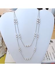 Rhodium Sterling Silver 925 Three White 6 - 8 mm Pearl Fancy 38" long Necklace