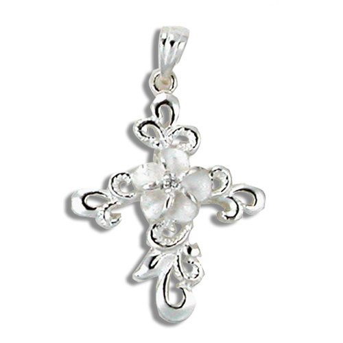 Sterling Silver Hawaiian Cut-out CZ Plumeria Cross Pendant