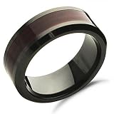 8MM Ladies & Mens Wood Inlay Beveled Edge Ceramic Ring Sizes 5 to 15