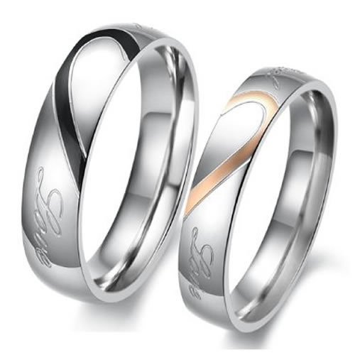 KONOV Jewelry Lover's Mens Ladies Heart Shape Titanium Stainless Steel Promise Ring Real Love Couples Engagement Wedding Bands, Color Silver Black Gold (Available in Size 5, 6, 7, 8, 9, 10, 11, 12, 13, 14, 15)