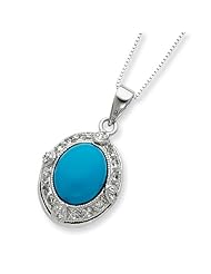 Sterling Silver 18in Oval Turquoise & CZ Necklace.