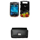 IMAGE OF EMPIRE Black Leather Case Pouch with Belt Clip and Belt Loops + Carbon Fiber Purple with Yellow Flowers Design Snap-On Cover Case for AT&T Blackberry Torch 9800