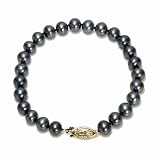 14k Yellow Gold Dyed Peacock Black Freshwater Cultured Pearl AA Grade 7.5-8mm Bracelet, 8