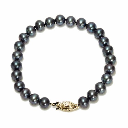 14k Yellow Gold Dyed Peacock Black Freshwater Cultured Pearl AA Grade 7.5-8mm Bracelet, 8"