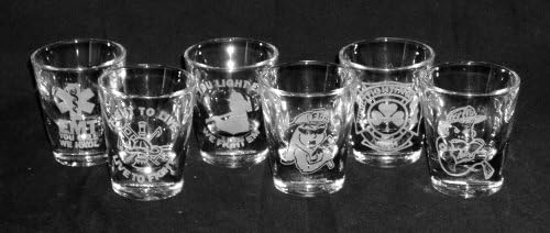 6 Piece Set No. 2 of Etched Glass Fire Fighter Shot Glasses